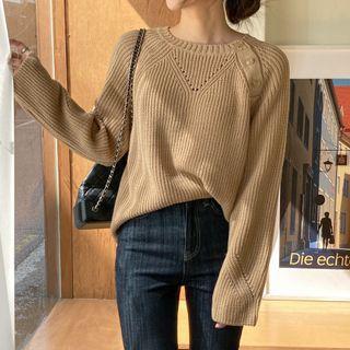 Raglan-sleeve Button-trim Knit Top