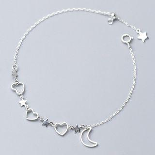 925 Sterling Silver Heart Moon & Star Bracelet Silver - One Size