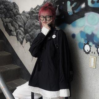 Long-sleeve Contrast Trim Loose-fit Shirt Black - One Size