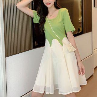 Mock Two-piece Short-sleeve Color Block Dress