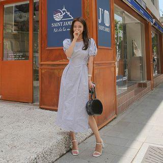 Puff-sleeve Tie-waist Maxi Stripe Dress
