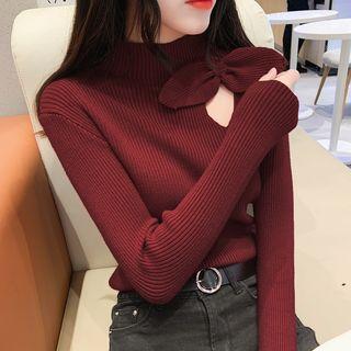 Long-sleeve Cutout Bow-accent Knit Top