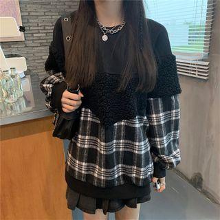 Plaid Fleece Paneled Sweatshirt As Shown In Figure - One Size