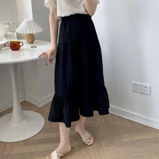 Plain Accordion Pleated Tiered Midi A-line Skirt