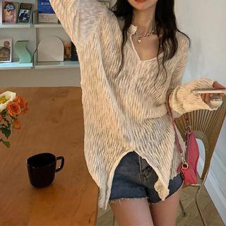 Plain Knit Top V Neck - Knit - White - One Size