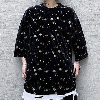 3/4-sleeve Star Print Velvet T-shirt