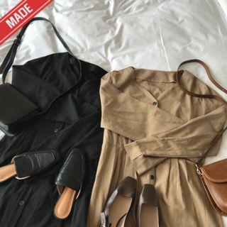 Collarless Elastic-waist Midi Shirtdress