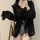 Flared-cuff Ruffle Trim Tie-front Blouse Black - One Size