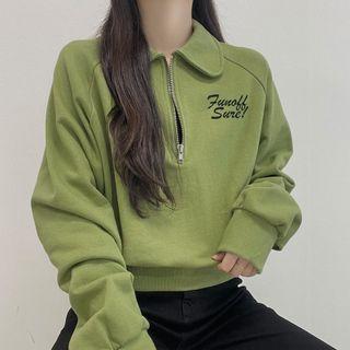 Lettering Long Sleeve Half Zip Collar T-shirt