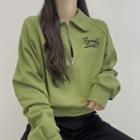 Lettering Long Sleeve Half Zip Collar T-shirt