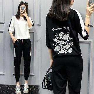 Set: Embroidered Elbow-sleeve T-shirt + Drawstring Sweatpants