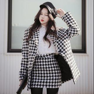 Set: Houndstooth Single-breasted Blazer + Mini Pencil Skirt Blazer - Houndstooth - Black - Xl / Skirt - Black - Xl
