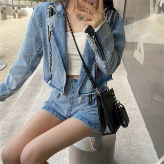 Zipped Detail Frayed Denim Jacket / High-waist Zipped Detail Denim Skirt