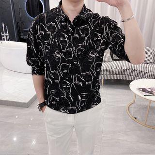 Printed Elbow-sleeve Half-placket Shirt