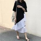 Pleated-detail Color-block T-shirt Dress Black - One Size