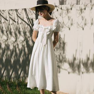 Short-sleeve Ribbon Bow Midi Dress