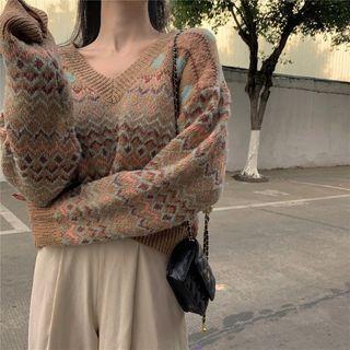 V-neck Patterned Sweater Khaki - One Size
