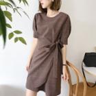 Wrap-front Puff-sleeve Plaid Dress Brown - One Size