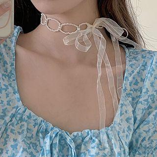 Mesh Bow Choker Necklace Faux Pearl - White - One Size