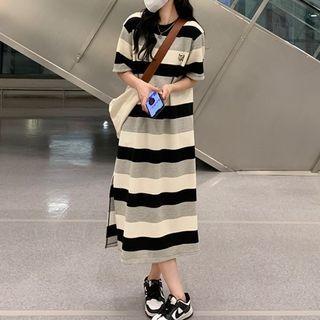 Striped Slit Midi T-shirt Dress Black - One Size