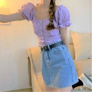 Puff-sleeve Gingham Cropped Blouse Purple - One Size