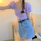 Puff-sleeve Gingham Cropped Blouse Purple - One Size