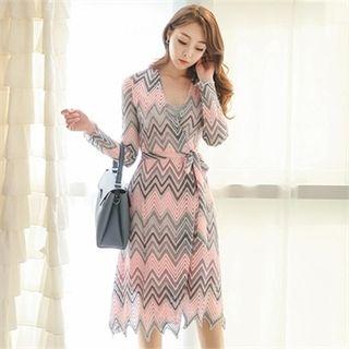Long-sleeve Patterned Wrap A-line Dress