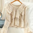 Long-sleeve Ruffled Knit Lace Blouse
