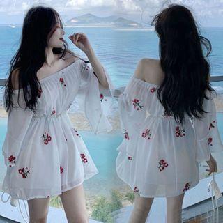 Floral Embroidered Off-shoulder Chiffon Mini Dress