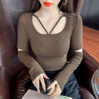Long-sleeve Cutout Scoop-neck T-shirt