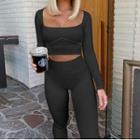 Set: Long-sleeve Plain Square Neck Crop Top + Yoga Pants