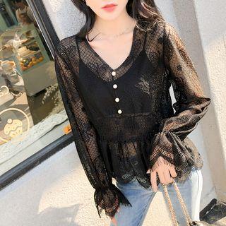 V-neck Long-sleeve Lace Peplum Top Black - One Size