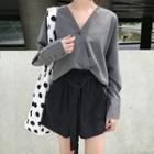 Striped V-neck Long-sleeve Blouse / High Waist Shorts