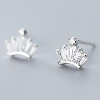 925 Sterling Silver Rhinestone Crown Earring 1 Pair - S925 Silver - Stud Earrings - One Size
