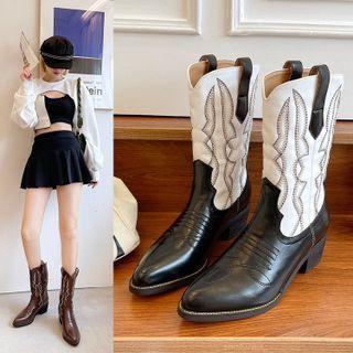 Pointed Embroidered Block Heel Mid-calf Boots