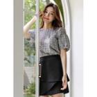 Puff-sleeve Shirred Plaid Blouse Black - One Size