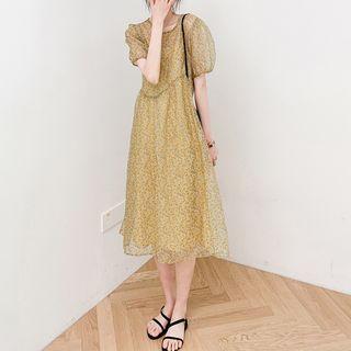 Round-neck Floral Mesh A-line Dress