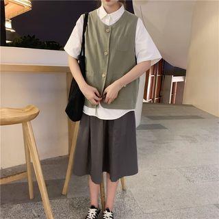 Short Sleeve Embroidered Shirt / Cargo Buttoned Vest / Midi A-line Skirt