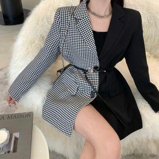 Check Panel Plain Blazer With Belt