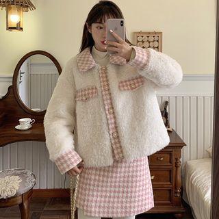 Faux Shearling Plaid Panel Coat / Plaid Mini Skirt / Plain Leggings
