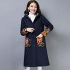 Hooded Floral Print Panel Quilted Button Jacket
