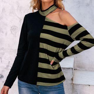 Long-sleeve Mock-neck Cutout Striped Panel T-shirt