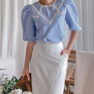 Puff-sleeve Lace-detail Striped Top Sky Blue - One Size