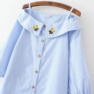 Striped Elbow-sleeve Cold Shoulder Shirt