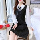 Set: Long-sleeve Bow Accent Shirt + V-neck Overall Dress