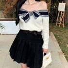 Off Shoulder Sailor Collar Bow-accent Plain Cropped Sweater Sweater - One Size