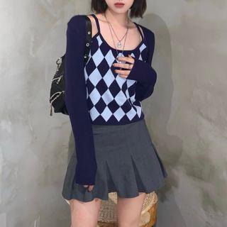 Off-shoulder Mock Two-piece Plaid  Knit  Top