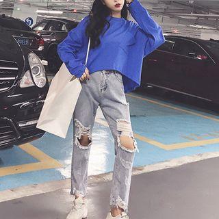 Set: Long-sleeve Pocket T-shirt + Ripped Straight Cut Jeans