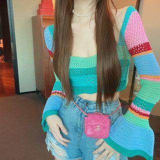 Long-sleeve Square-neck Color-block Knit Top