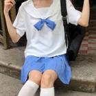 Set: Sailor Collar Short-sleeve T-shirt + High Waist Pleated Skirt